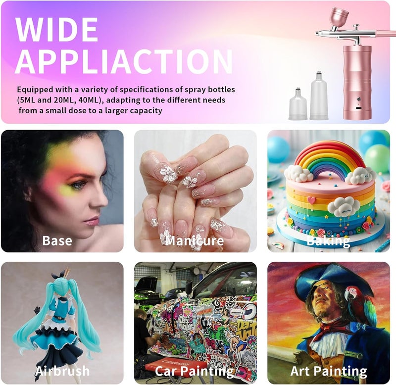 CBVCBV Airbrush Kit with Compressor Portable Airbrush Kit 48PSI High-Pressure Non-Clogging Air Brush Set Cordless Rechargeable with 0.3mm Nozzle and Cleaning Brush for Painting,Nail Art, Makeup (Pink) - Image 2